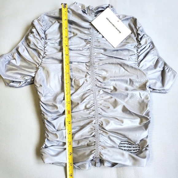 NWT$350 Alexander Wang Ruched Mock Neck Logo Silver Fox Crop Top Back Zip Sz XS - Picture 12 of 15